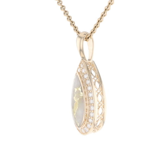 Gold Quartz Pendant Tear Drop Inlaid .42ctw Diamond Halo Design