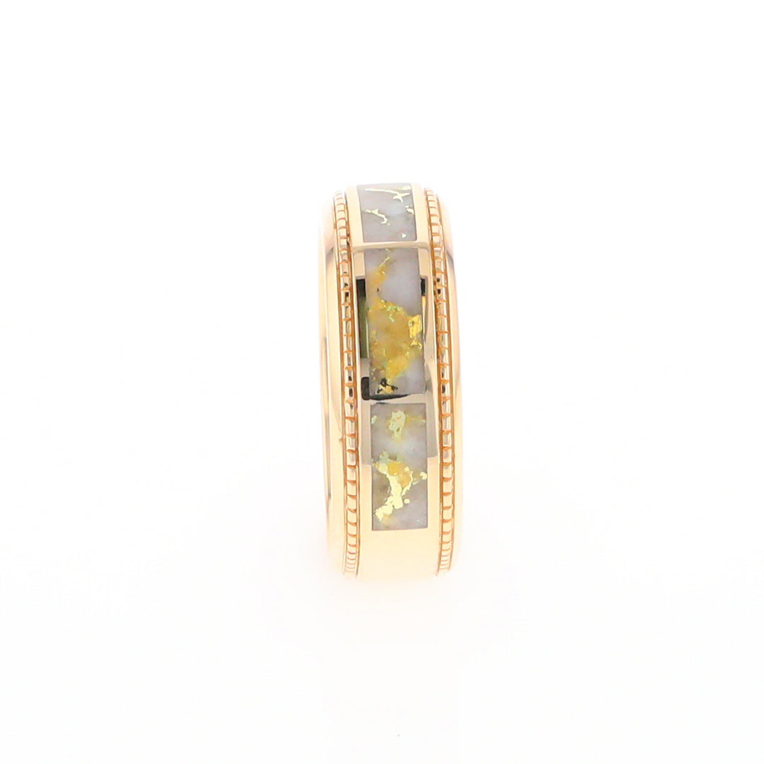 Gold Quartz Ring 3 Section Rectangle Inlaid Milgrain Border Band G1