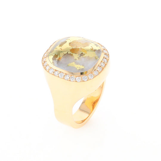 Gold Quartz Cushion Inlaid Men's Ring with Diamond Halo