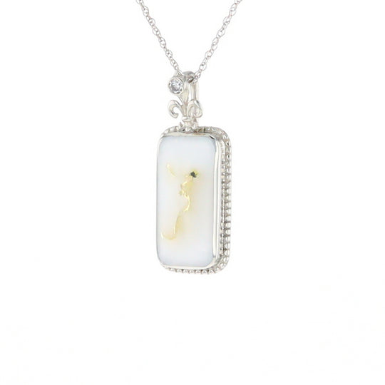 Gold Quartz Necklace, Rectangle Inlaid Fleur De Lis Design with .02ctw Diamond Pendant