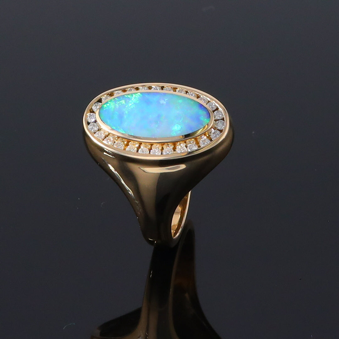 Opal Rings Oval Inlaid Design with .36ctw Round Diamonds Halo