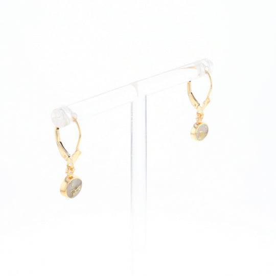 Gold Quartz Earrings Round Inlaid Design Lever Backs