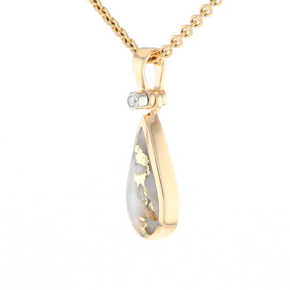 Gold Quartz Necklace Tear Drop Inlaid Pendant with .02ct Diamond