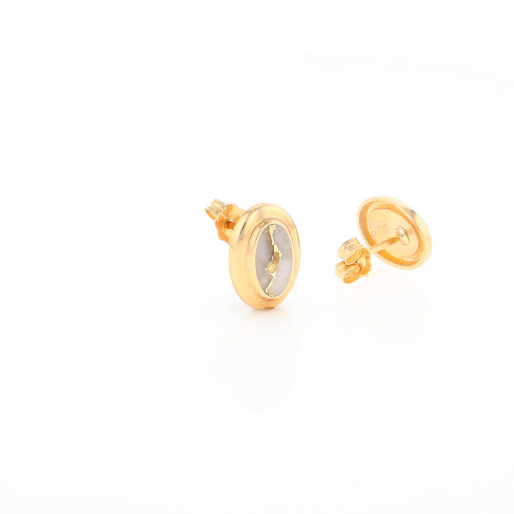 Gold Quartz Earrings Oval Inlaid Design Studs G2
