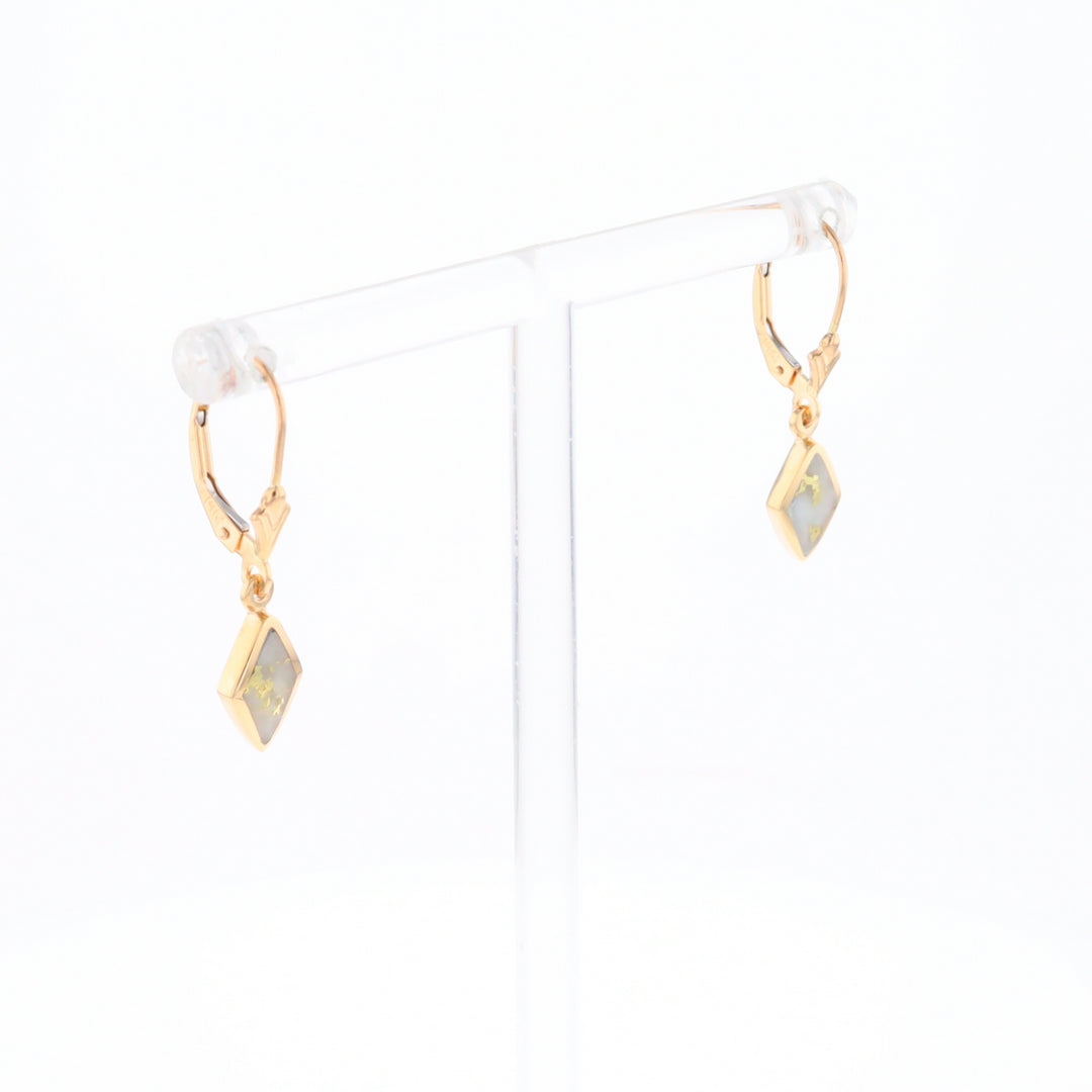 Gold Quartz Earrings Diamond Shape Inlaid Lever Backs G1