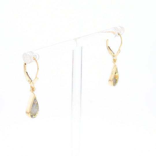 Gold Quartz Earrings Tear Drop Inlaid Lever Backs