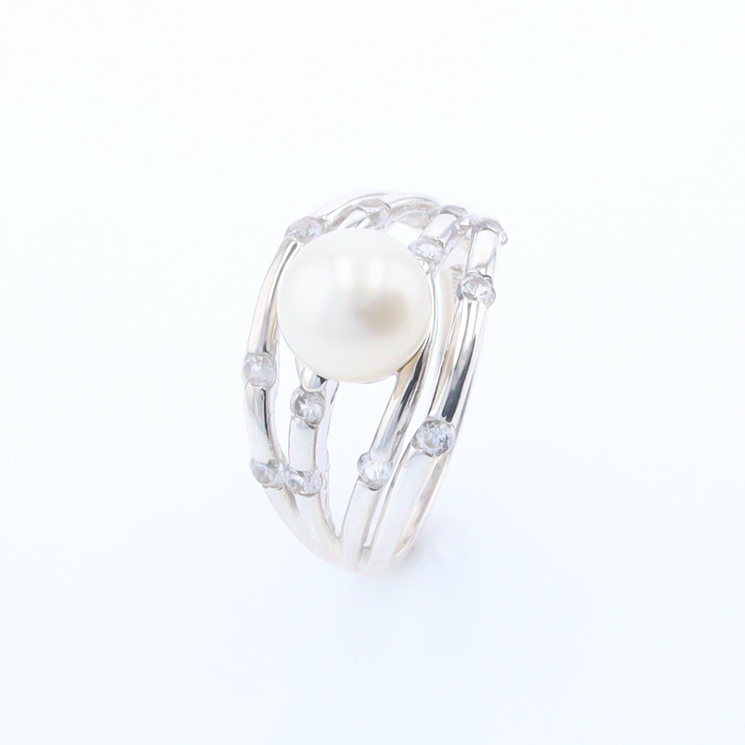 Pearl Bamboo Ring with Cubic Zirconia Accents