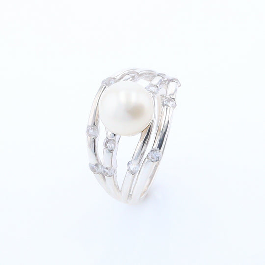 Pearl Bamboo Ring with Cubic Zirconia Accents