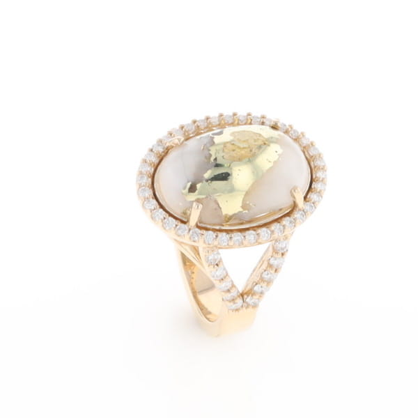 Gold Quartz Ring Oval Cabochon 0.65ctw Round Diamonds Halo