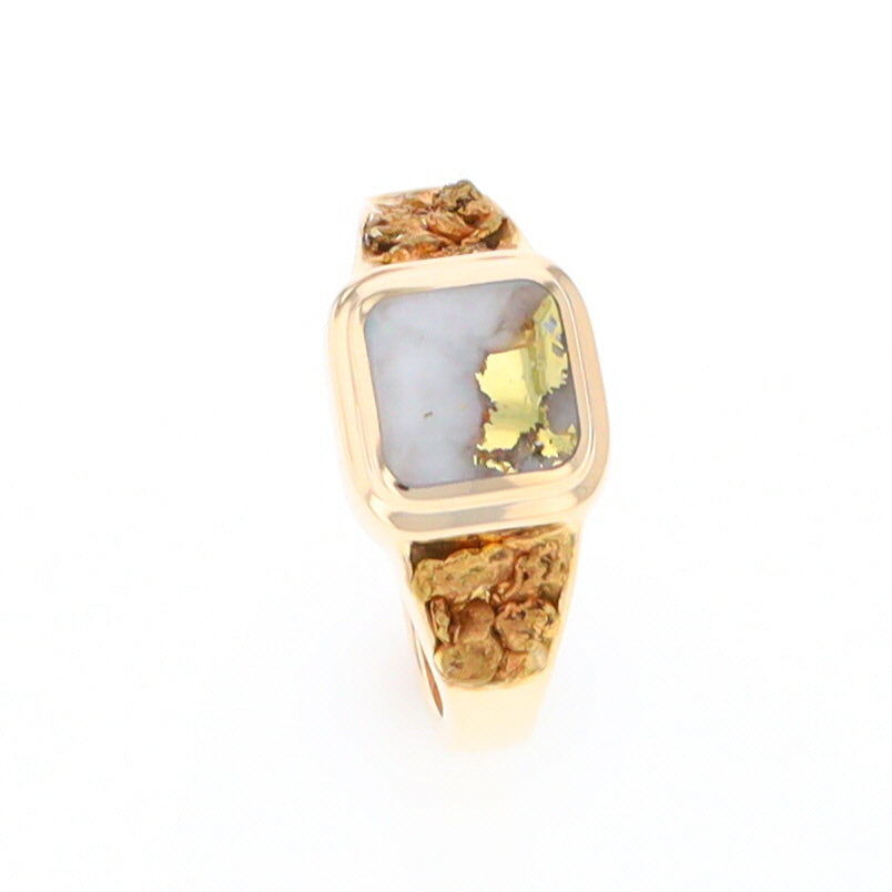 Gold Quartz Ring Square Inlaid Design Double Natural Nugget Sides