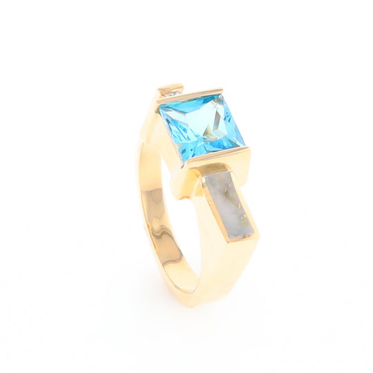 Gold Quartz Ring Rectangle Inlay Swiss Blue Topaz .06ct Round Diamond