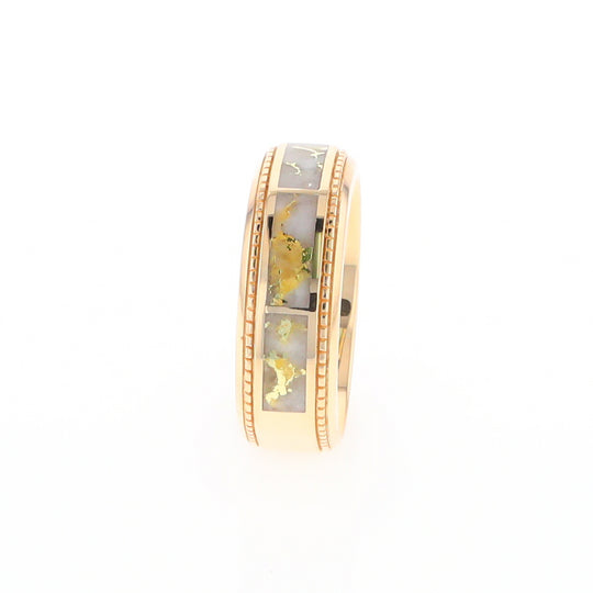 Gold Quartz Ring 3 Section Rectangle Inlaid Milgrain Border Band G1