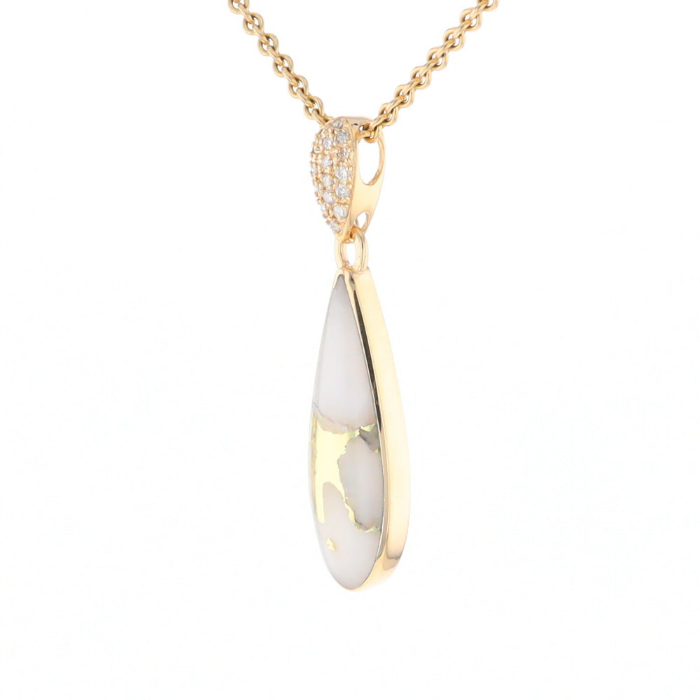 Gold Quartz Necklace, Tear Drop Inlaid Design with 0.11ctw Diamond Pave Pendant G2