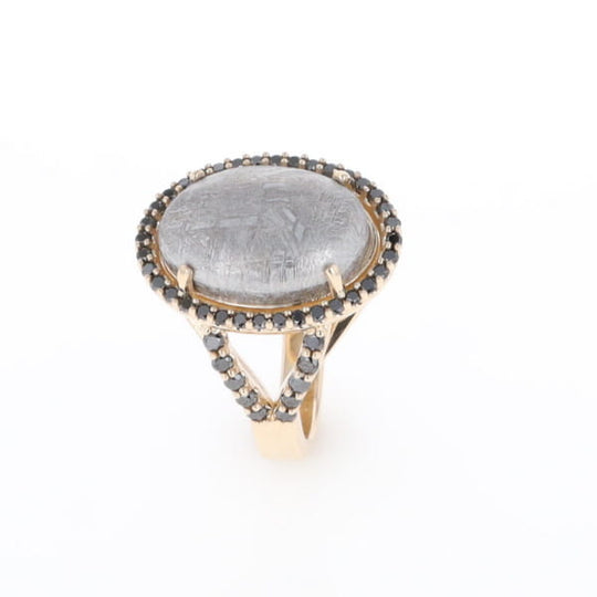 Meteorite Ring Oval Cabochon 0.65ctw Round Black Diamonds Halo