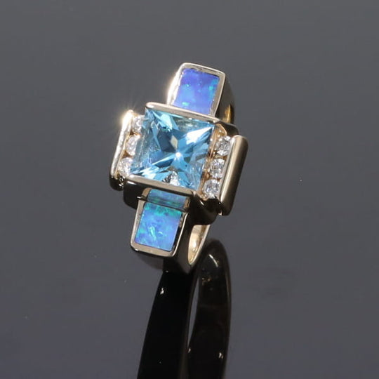 Opal Rings Inlaid Sides Swiss Blue Topaz Center with .24ctw Diamonds