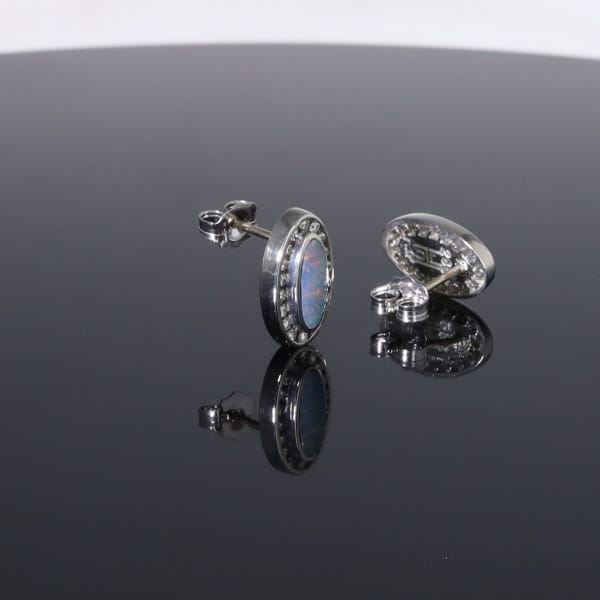 Opal Earrings Oval Inlaid with .25ctw Round Diamond Halo Studs