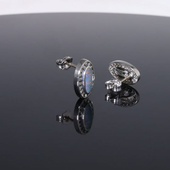 Opal Earrings Oval Inlaid with .25ctw Round Diamond Halo Studs