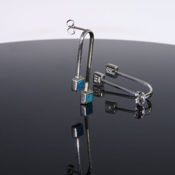Opal Earrings Curved Bar Double Square Inlaid Ends Design Studs