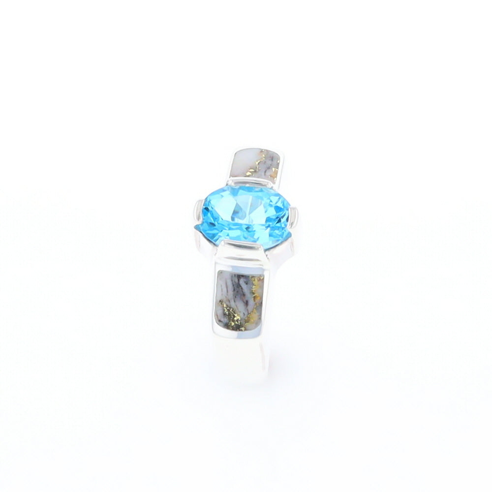 Sterling Silver Gold Quartz Inlaid Oval Blue Topaz Ring - G3