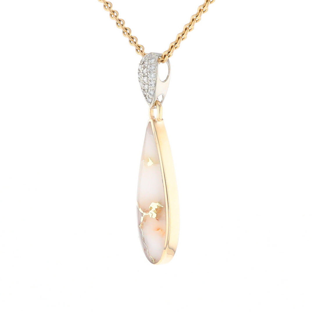 Gold Quartz Necklace, Tear Drop Inlaid Design with .11ctw Diamond Pave Pendant