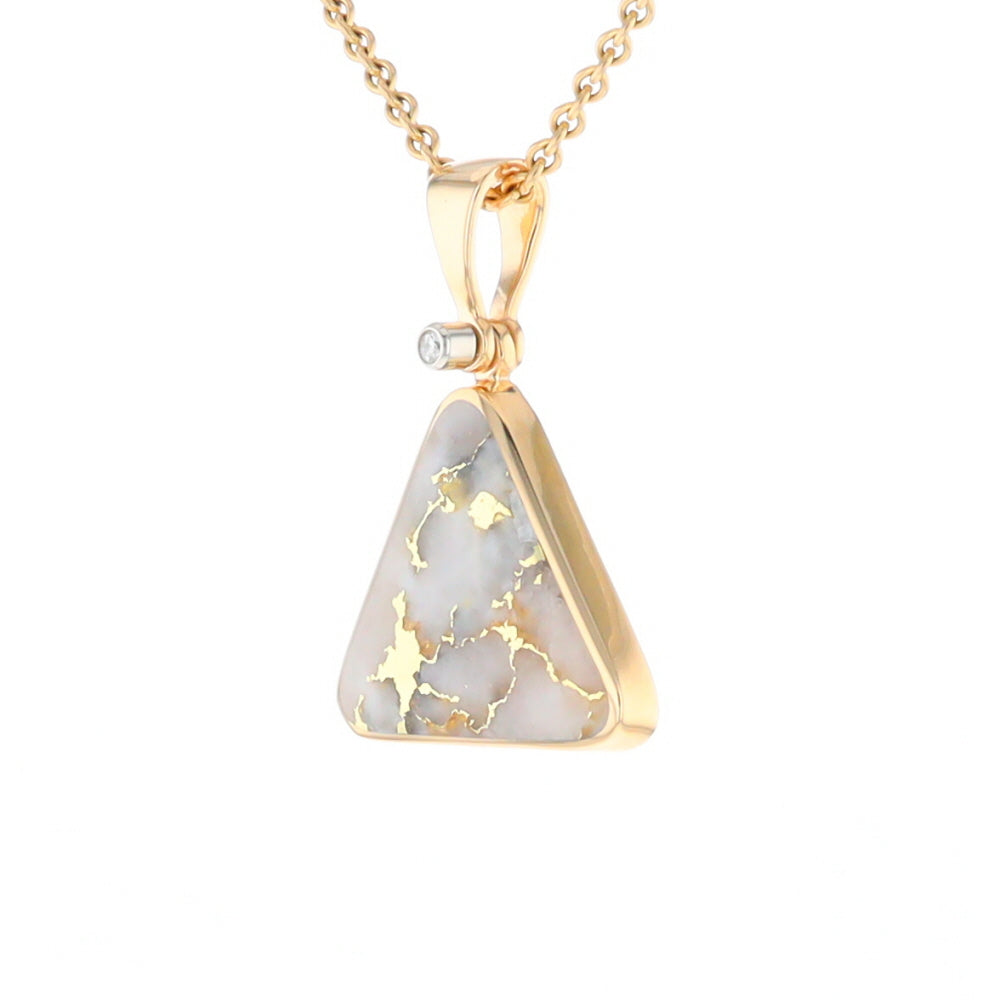 Gold Quartz Necklace Triangle Inlaid Pendant with .02ct Diamond