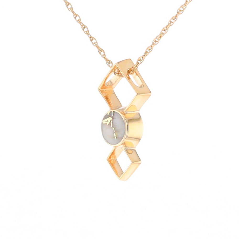 Gold Quartz Round Inlay Double Diamond Design Pendant