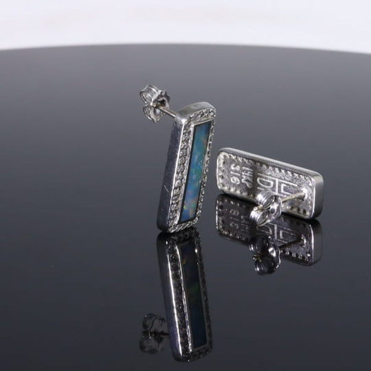 Opal Earrings Rectangle Inlaid with .50ctw Round Diamond Halo Studs