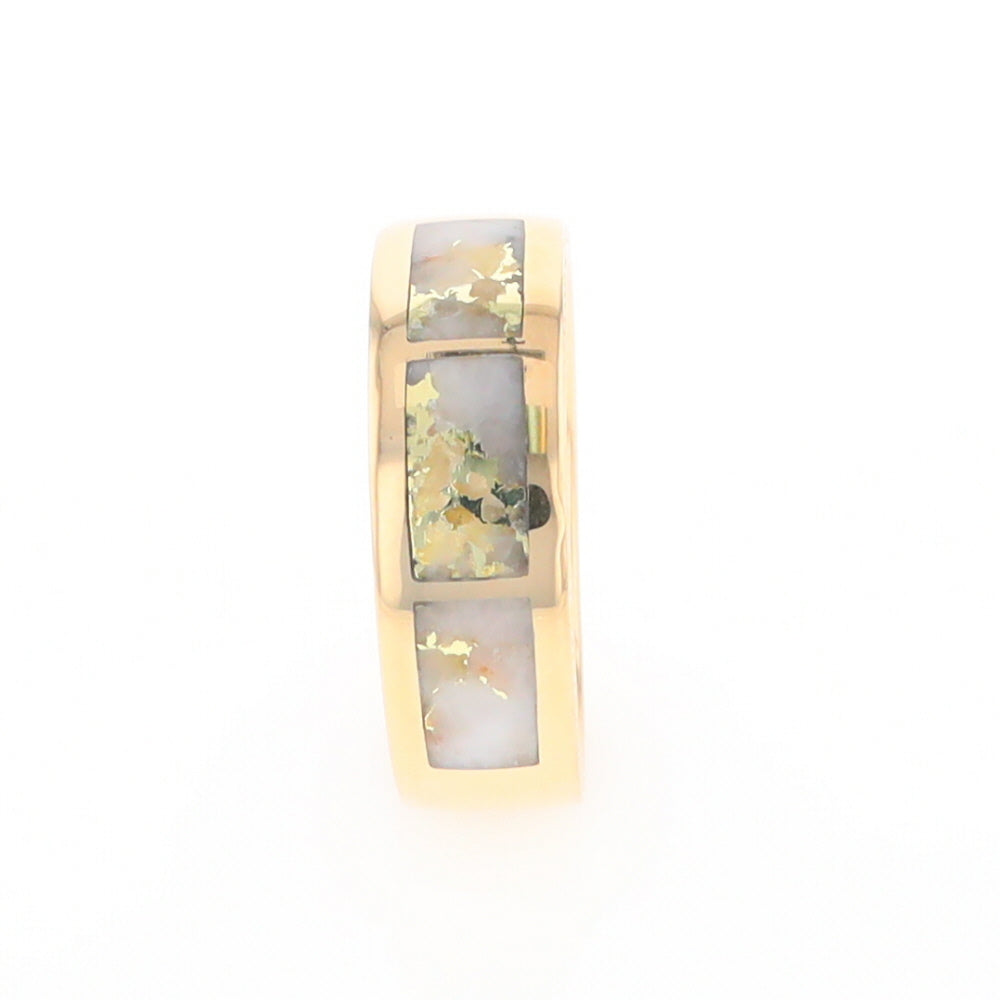 Gold Quartz Ring 3 Section Rectangle Inlaid Band with Milgrain Design