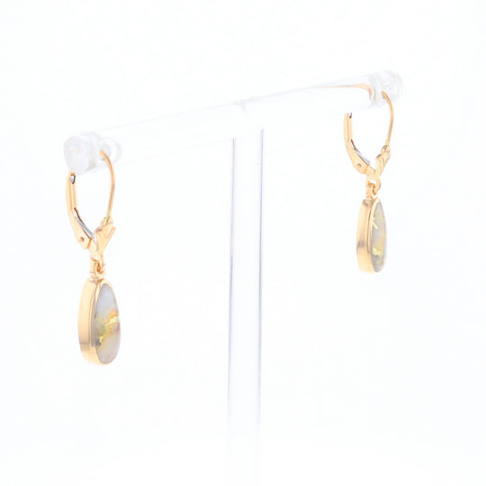 Gold Quartz Earrings Tear Drop Inlaid Lever Backs