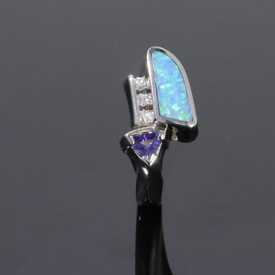 Opal Rings Geometric Inlaid Design with Tanzanite and .08ctw Diamonds