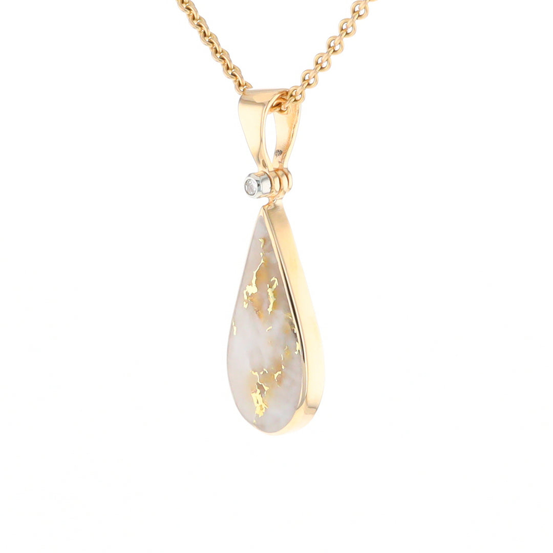 Gold Quartz Necklace Tear Drop Inlaid Pendant with .02ct Diamond