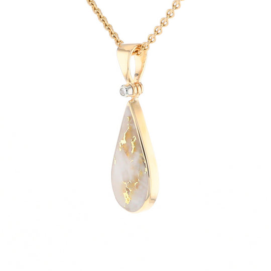 Gold Quartz Necklace Tear Drop Inlaid Pendant with .02ct Diamond