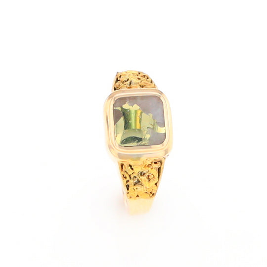 Gold Quartz Ring Square Inlaid Design Double Natural Nugget Sides