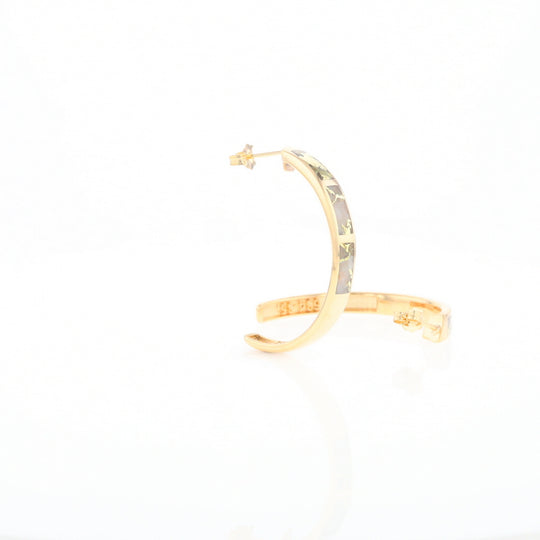 Gold Quartz Hoop Earrings 3 Section Inlaid Design G2