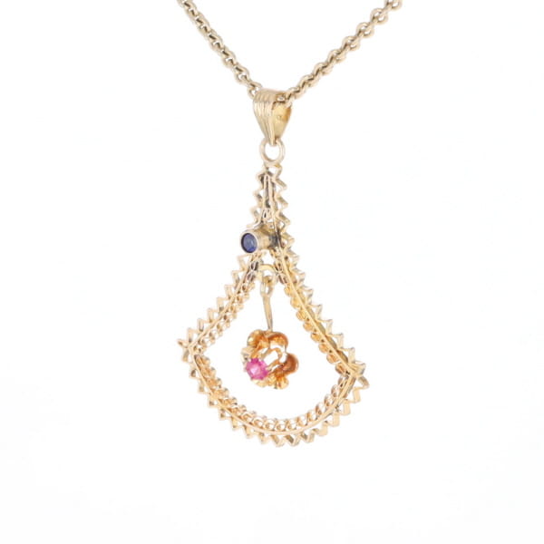 Vintage Buttercup Dangle Ruby Scrollwork Pendant