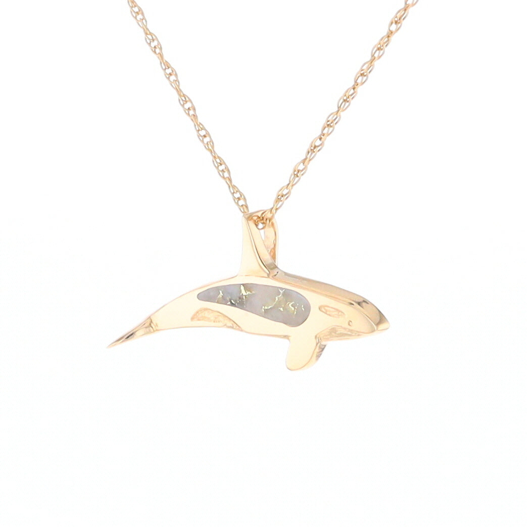 Gold Quartz Necklace Orca Killer Whale Inlaid Sea Life Pendant