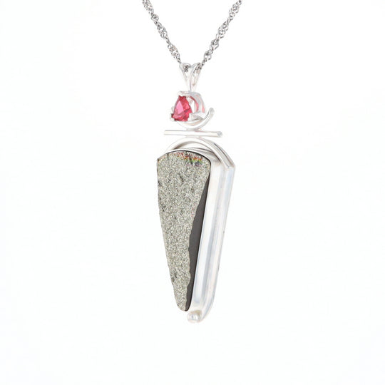 Druzy Quartz & Pink Trillion Tourmaline Pendant