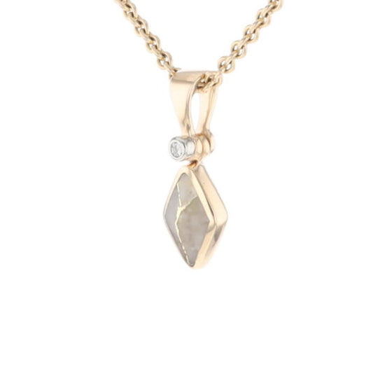 Gold Quartz Necklace Diamond Shape Inlaid Pendant with .02ct Diamond