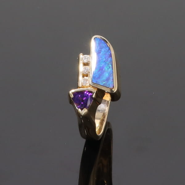Opal Rings Geometric Inlaid with Amethyst and .08ctw Diamonds