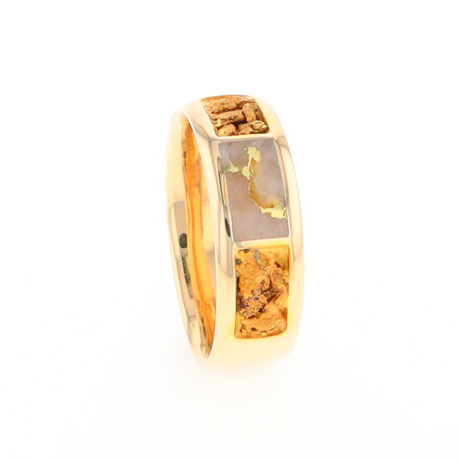 Gold Quartz Ring Rectangle Inlaid with Natural Nugget Sides