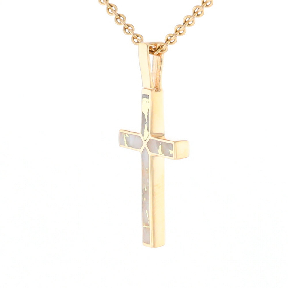 Gold Quartz Necklace 4 Section Inlaid Design Cross Pendant