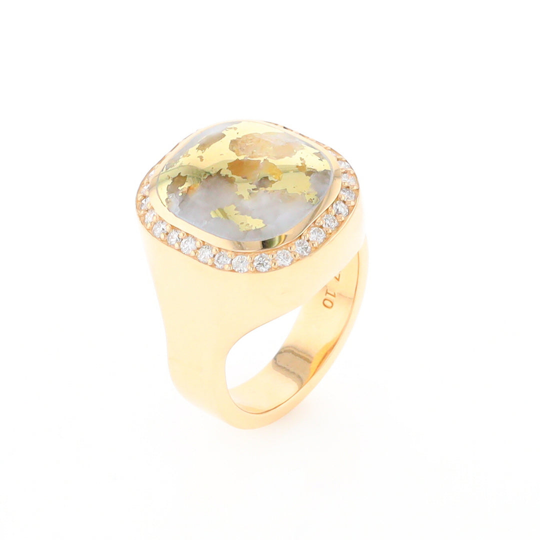 Gold Quartz Cushion Inlaid Men's Ring with Diamond Halo