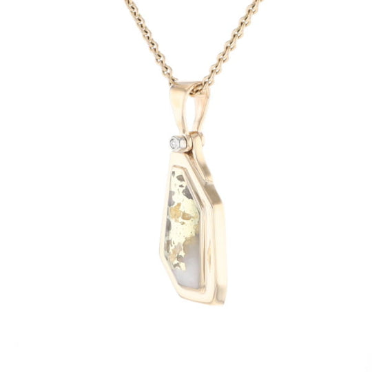 Gold Quartz Necklace .02ct Diamond Geometric Inlaid Design Pendant