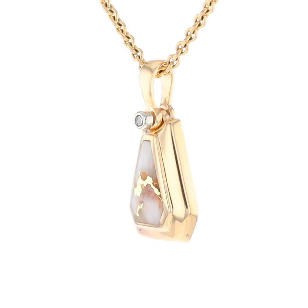 Gold Quartz Necklace, Triangle Inlaid with .02ctw Diamond Pendant