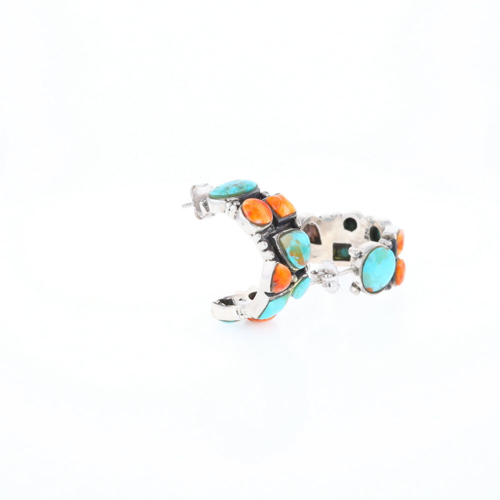 Turquoise & Spiny Oyster Semi-Hoop Stud Earrings