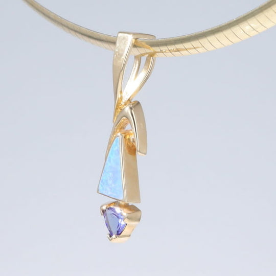 Opal Pendant Triangle Inlaid Design with Trillion Cut Tanzanite