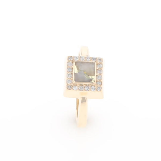 Gold Quartz Ring Square Inlaid Halo .14ctw Diamonds Design