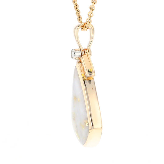 Gold Quartz Necklace Pear Shape Inlaid Pendant with .15ctw Diamonds