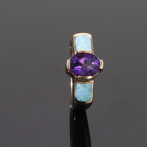 Opal Rings 2 Section Inlaid Design with Oval Amethyst Center