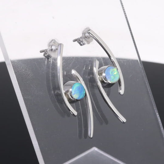 Opal Earrings Round Inlaid Double Curved Bar Design Studs